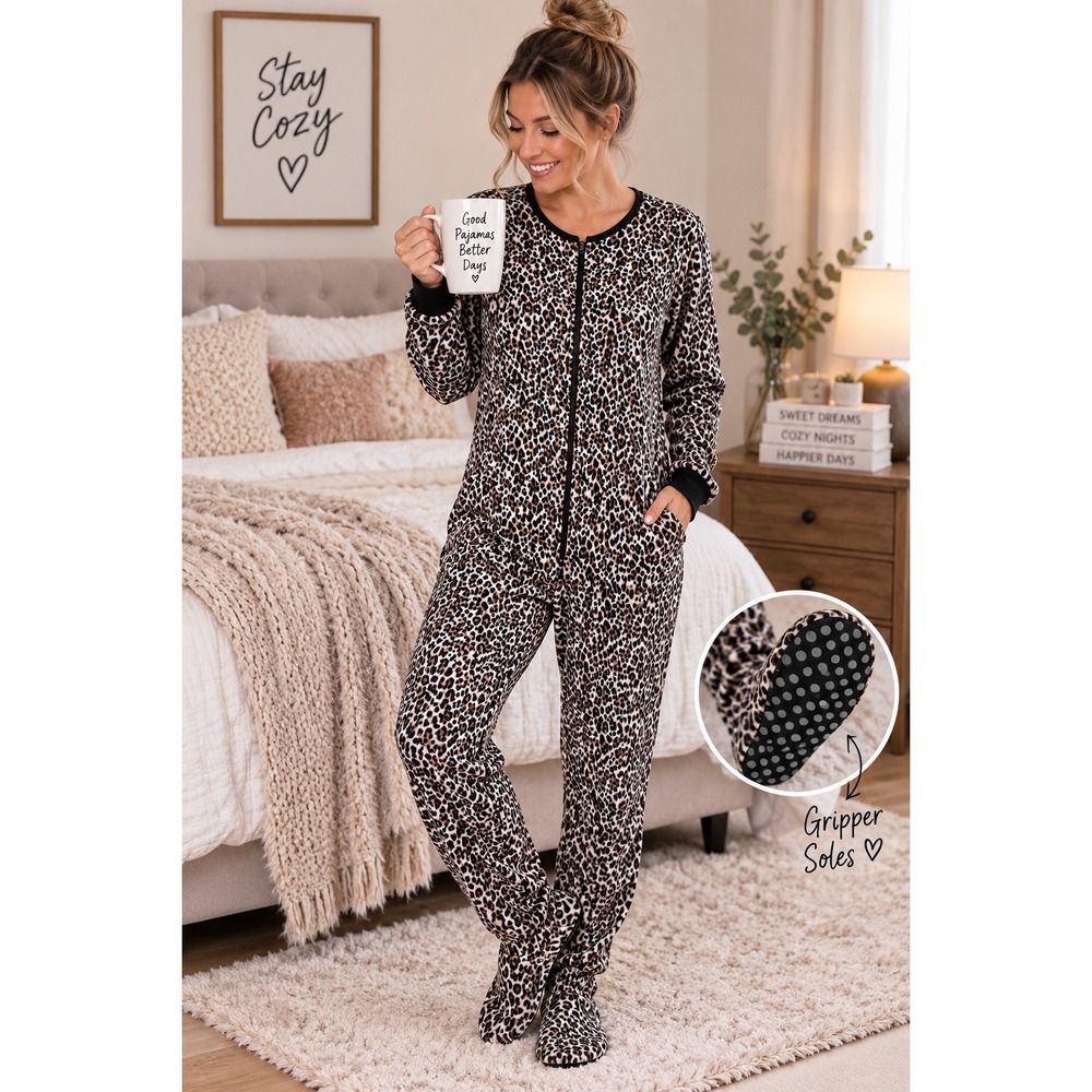 Rene Rofe Womens Leopard Print Fleece Footed Pajamas Full Zip Sleepwear Large